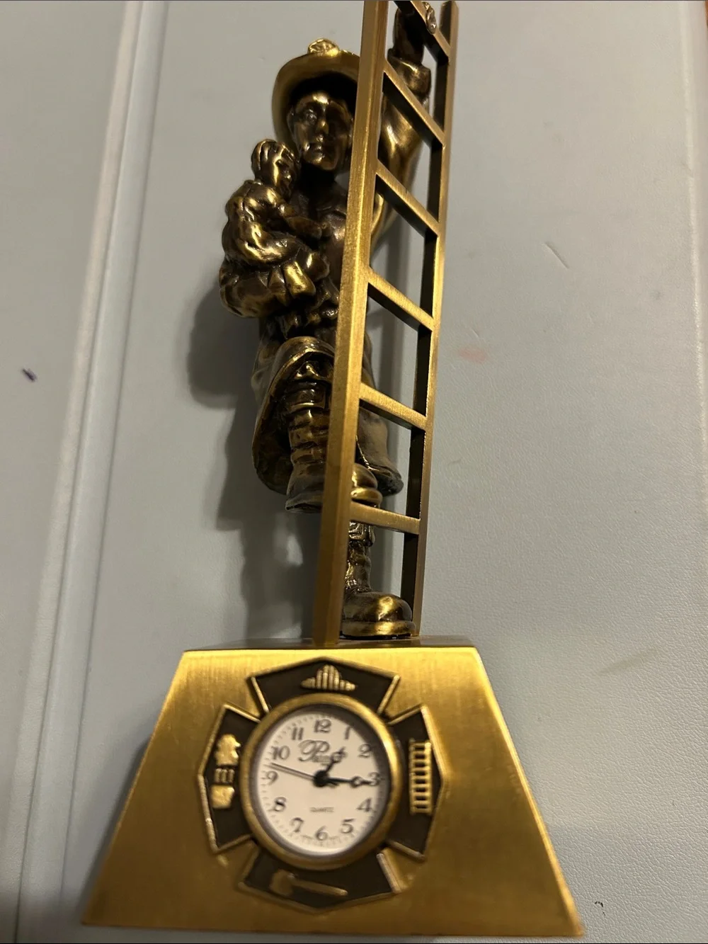 Bronze Firefighter Wall Clock Sculpture - Gold Home Wall Decor